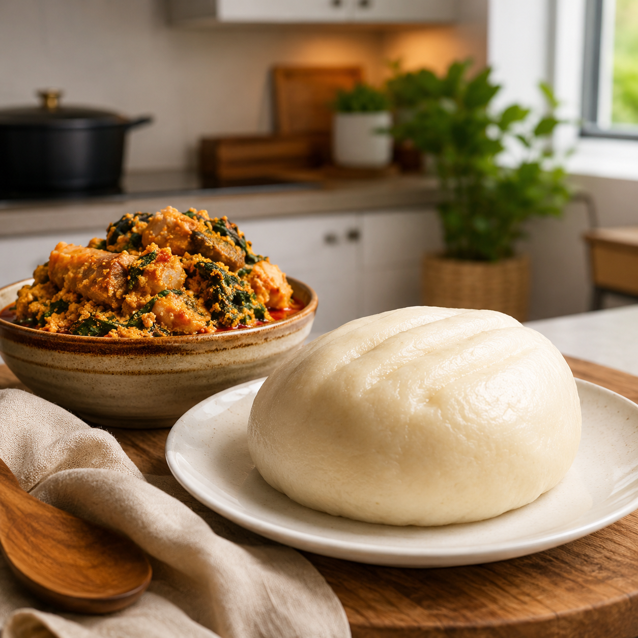 Smooth pounded yam served in a modern Nigerian kitchen