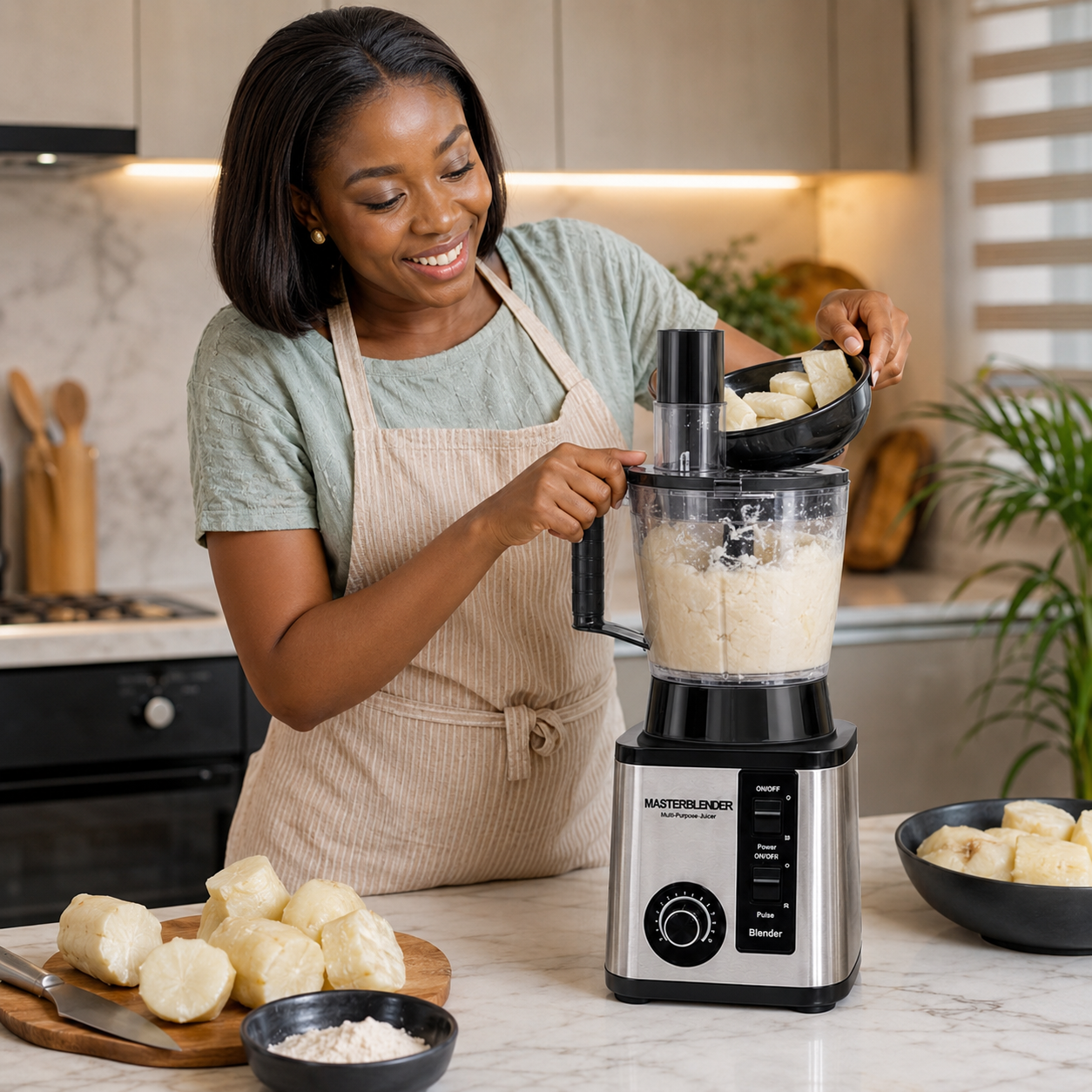 Nigerian woman using MASTER BLENDER food processor to pound yam
