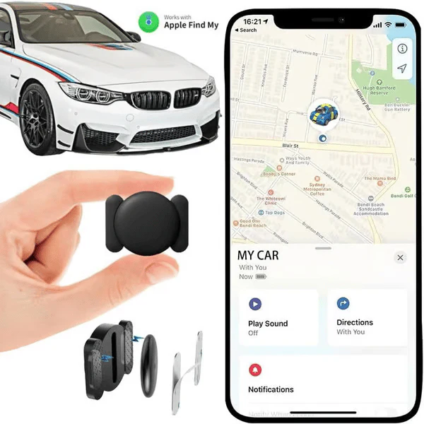 Mini smart tracker beside a car tracking phone screen